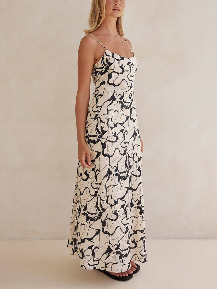 Elegant Black Abstract Printed with Adjustable Straps Maxi Dress