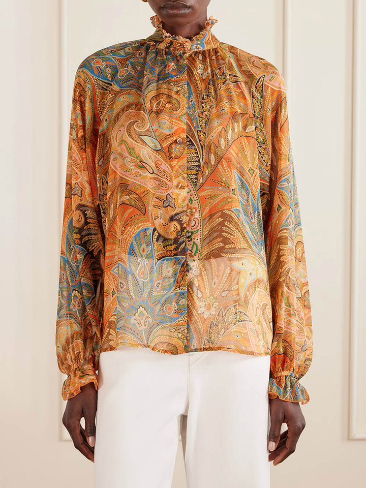 Exquisite Ruffle Trim Paisley Print Chiffon Blouse