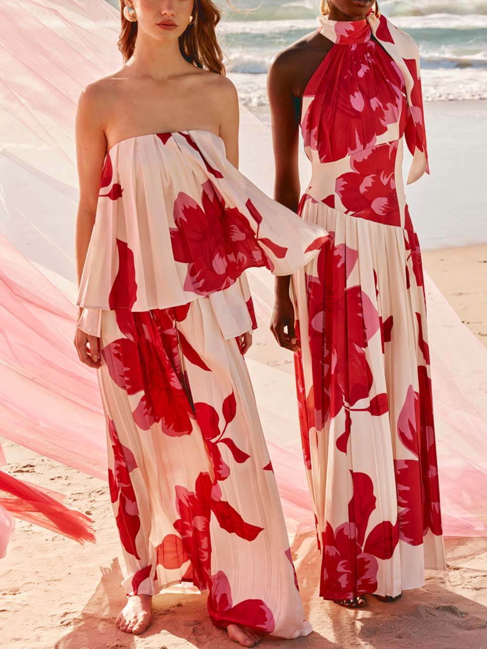 Elegant Printed Satin Ruched Pocket Wide-Leg Pants