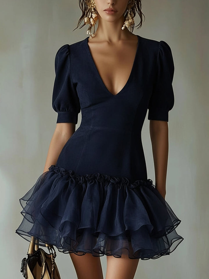 Delicate Puff-Sleeve With Layered Ruffled Hem Mini Dress