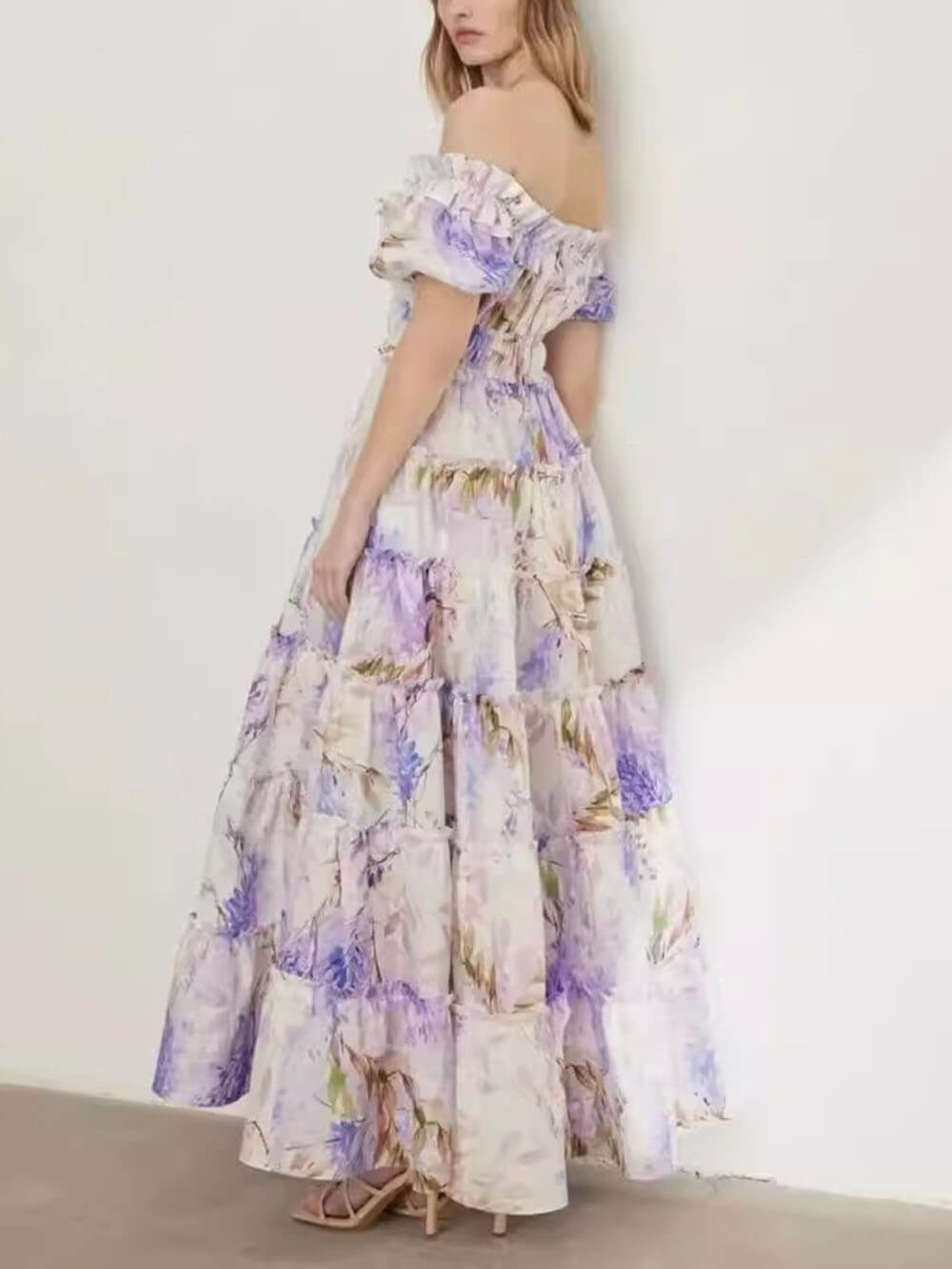 Elegant Off-Shoulder Printed Organza Fairy Evening Gown Maxi Dress