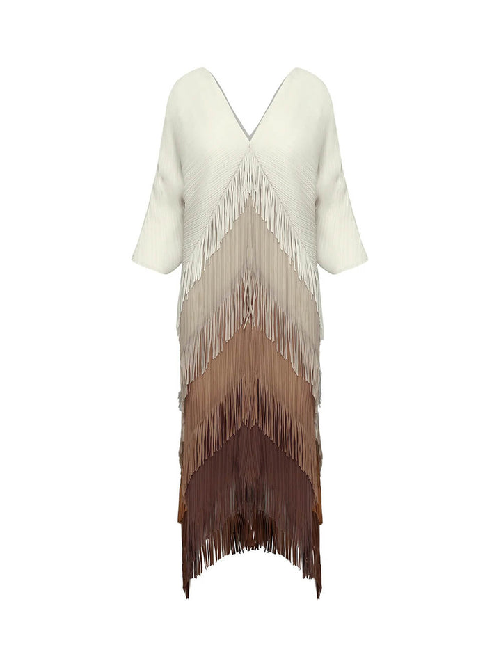 Elegant Pleated Satin Ombre Fringe Detailing Maxi Dress