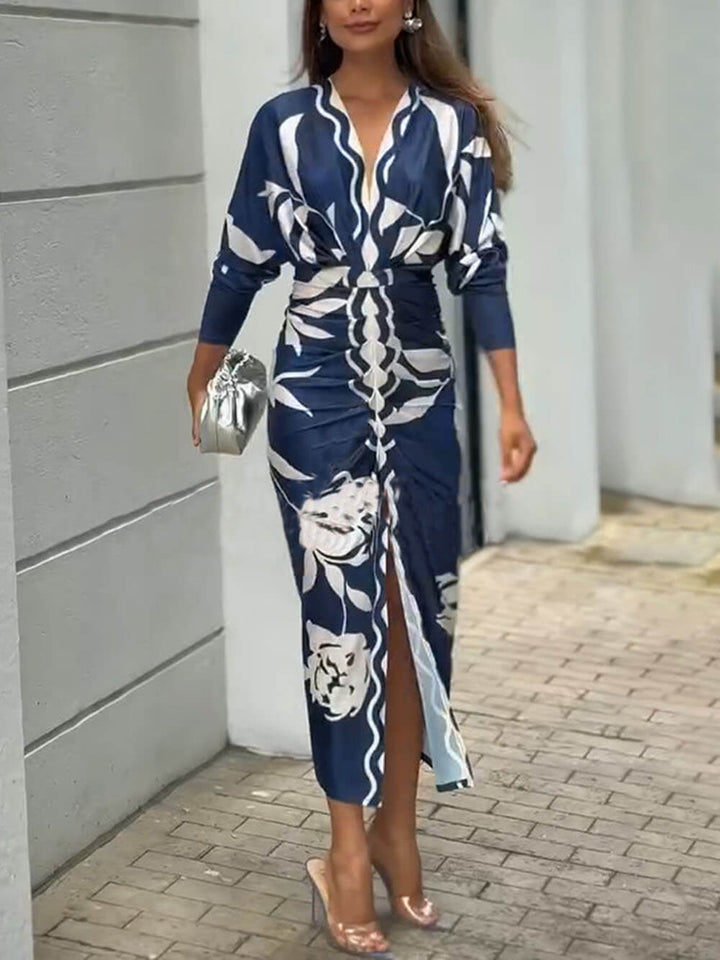 Elegant And Unique Print Dolman Long Sleeve Ruched Slit Midi Dress