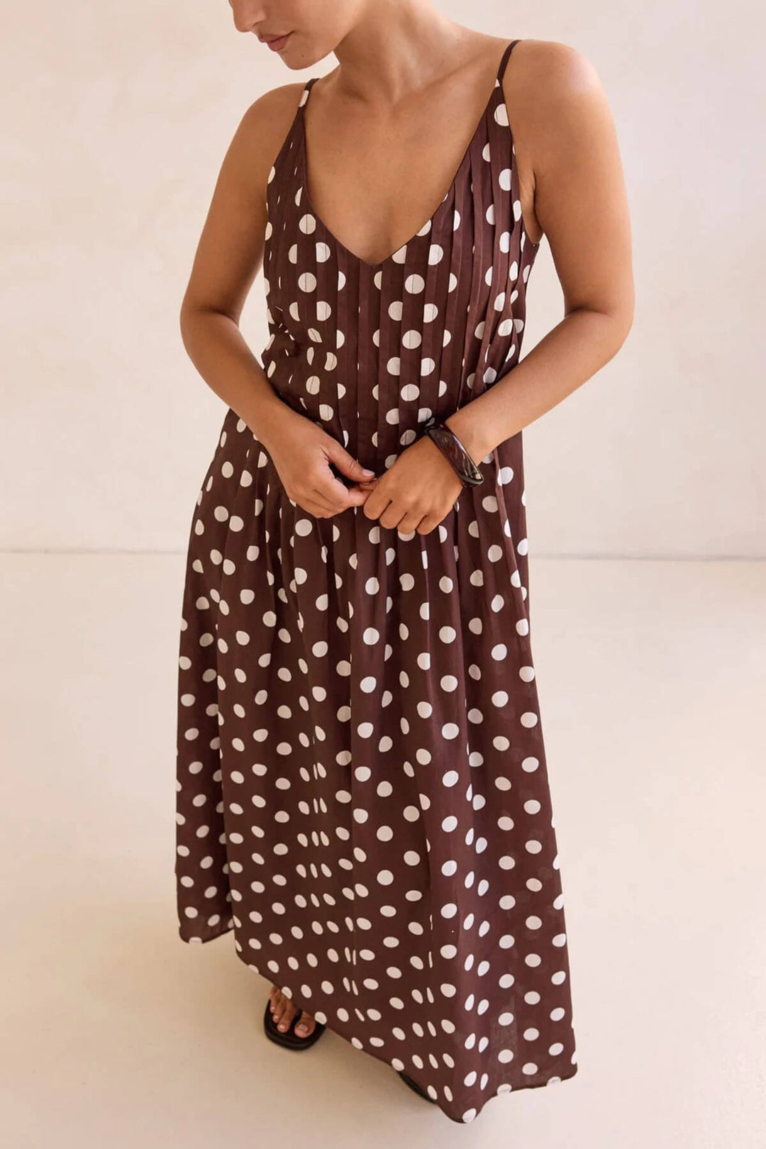 Exquisite Polka Dot Print Pleated A-Line Maxi Dress