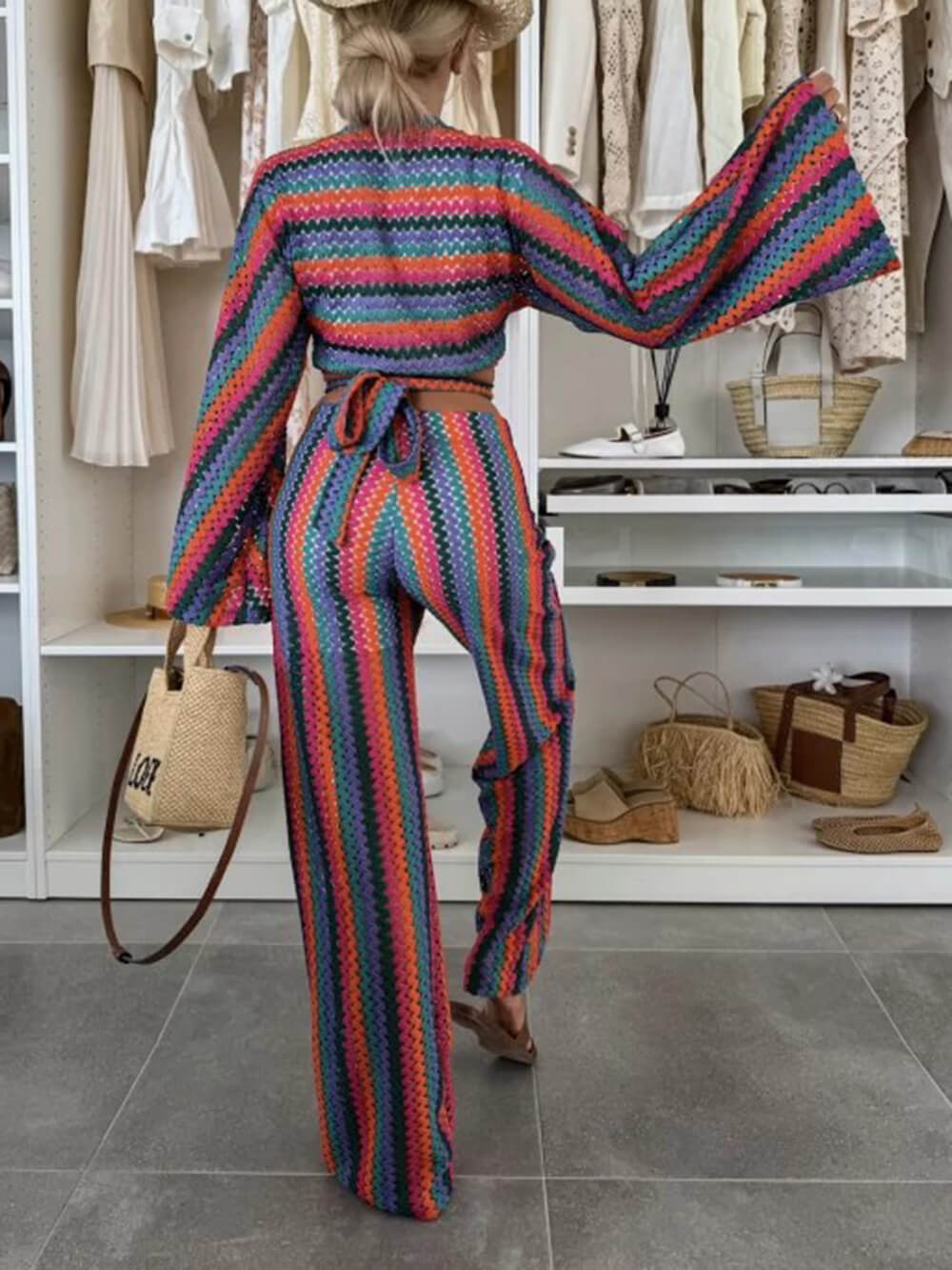Bold Moves Colorful Striped Knit High-Waist Wide-Leg Pants