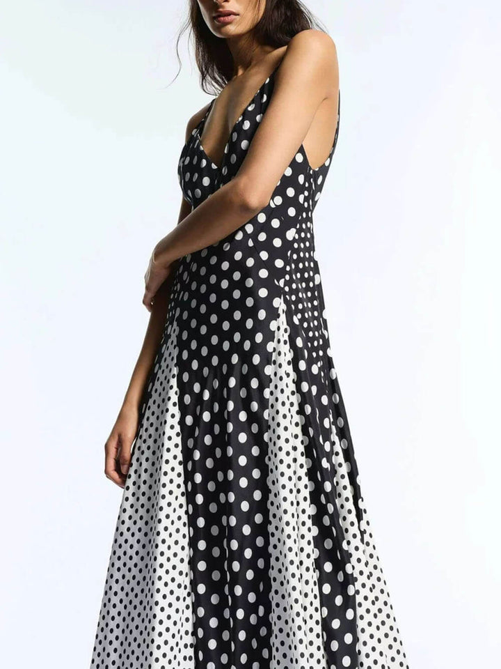 Elegant Color-Block Polka Dot Print Spaghetti Strap A-Line Maxi Dress