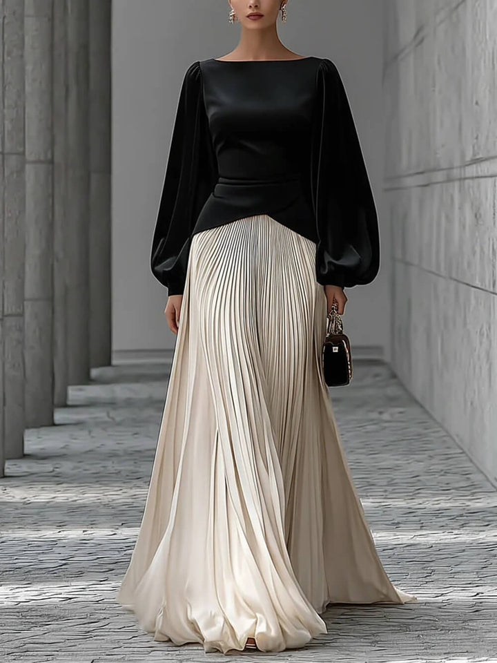 Chic Minimalist Velvet Paneled Pleated-Hem Maxi Dress