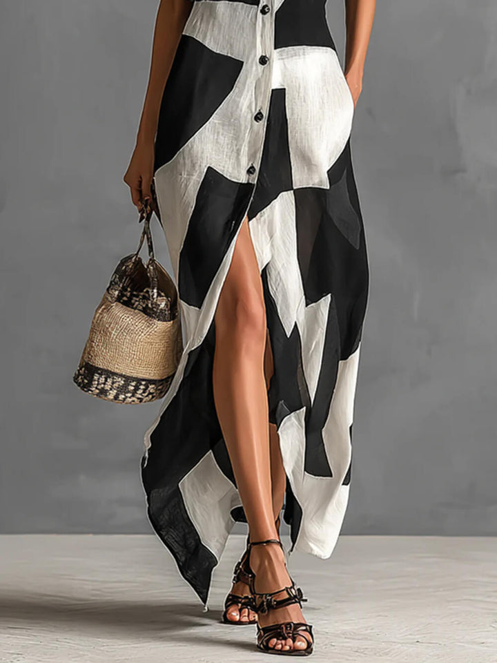 Exquisite Irregular Geometric Print Lapel Single-Breasted Short-Sleeved Maxi Shirt Dress