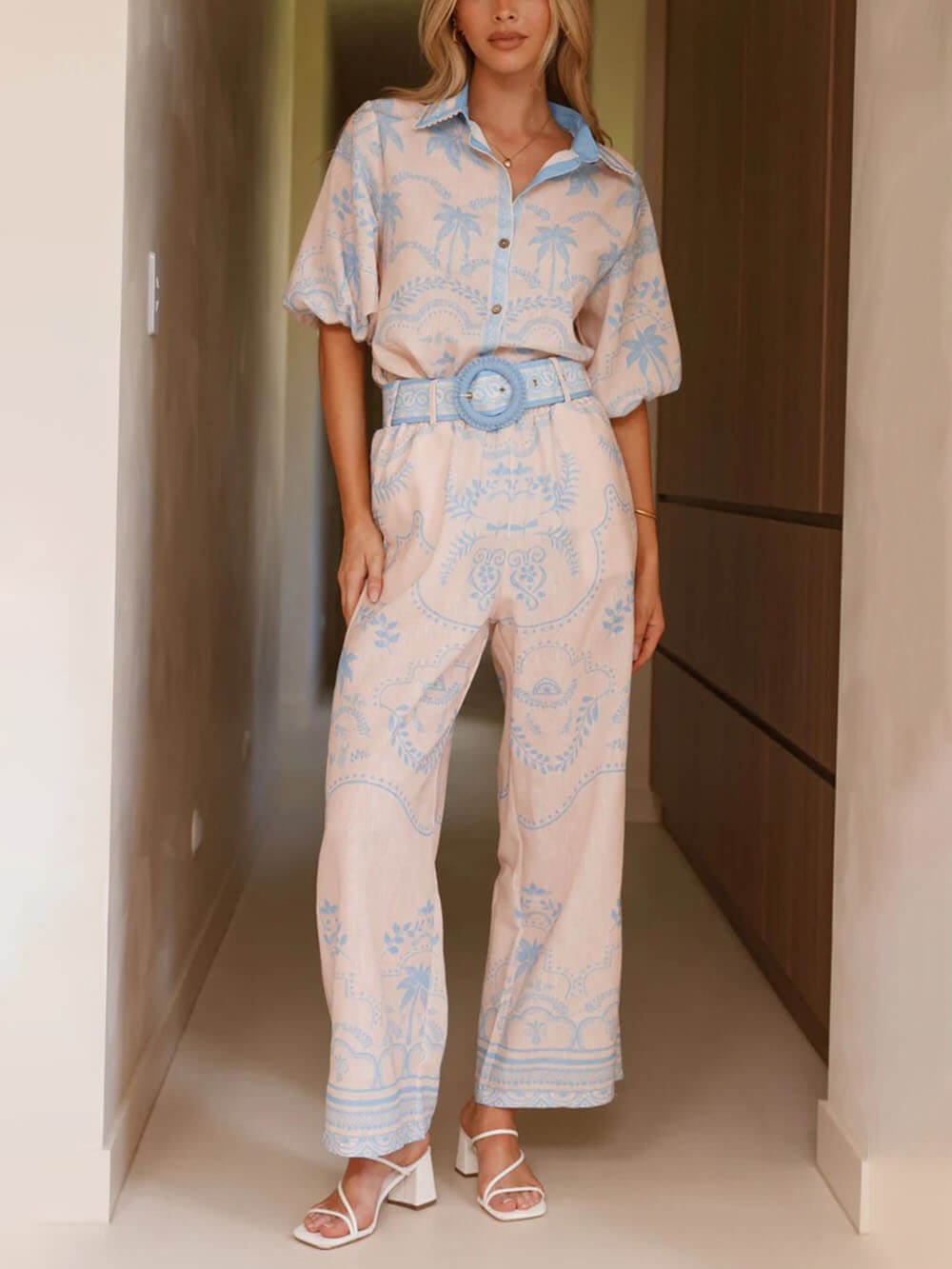 Casual Temperament Printed Linen Short-Sleeved Top With Belt And Straight Pants Set