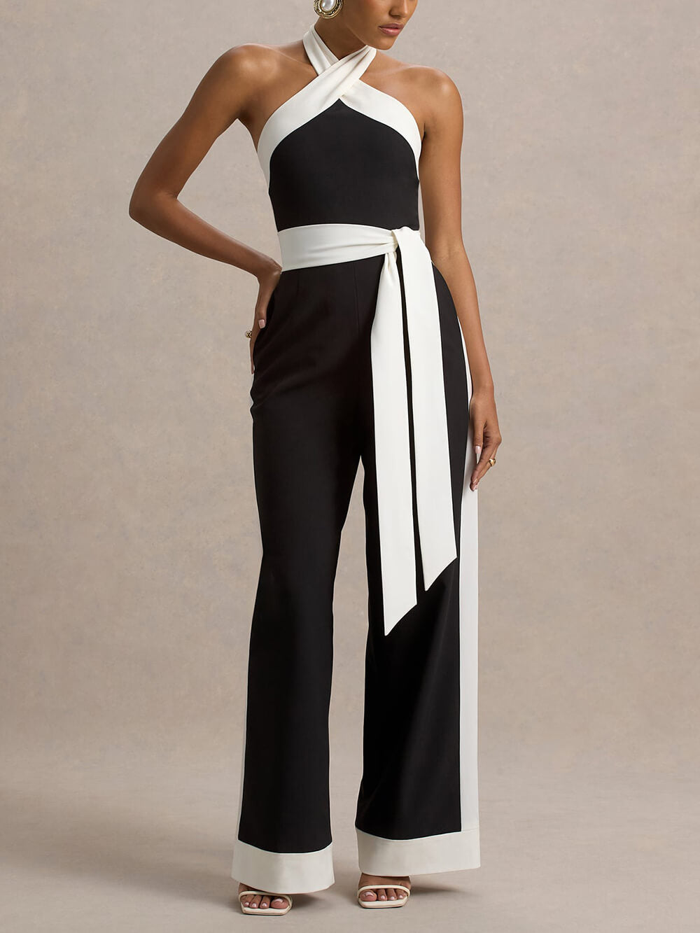 Elegant Black & White Halter-Neck Wide-Leg Jumpsuit