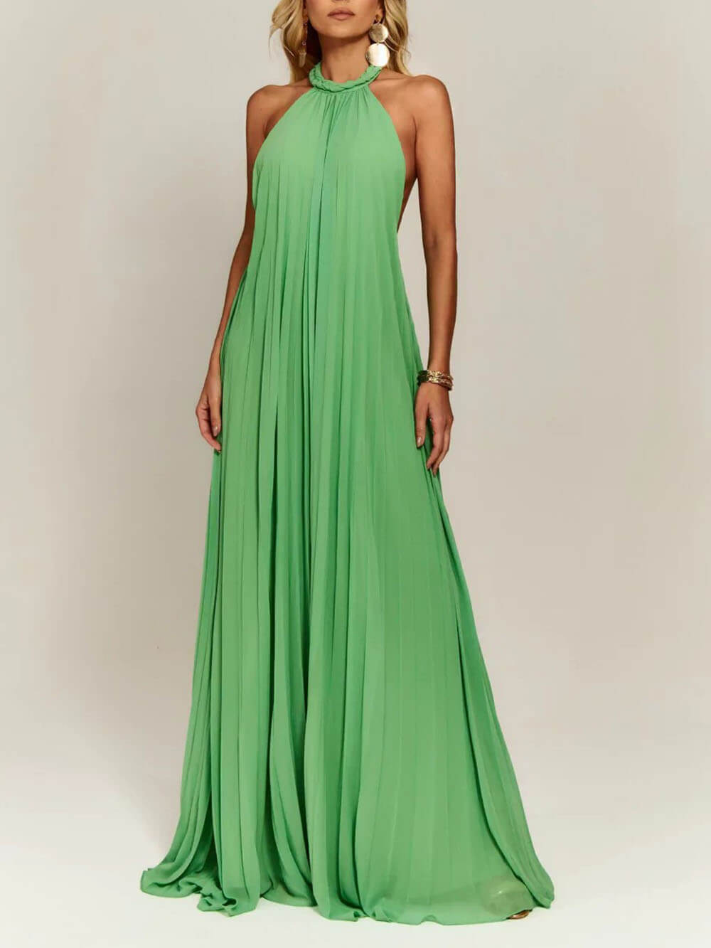 Elegant Chiffon Pleated Braided Halter Neck Backless A-line Maxi Dress