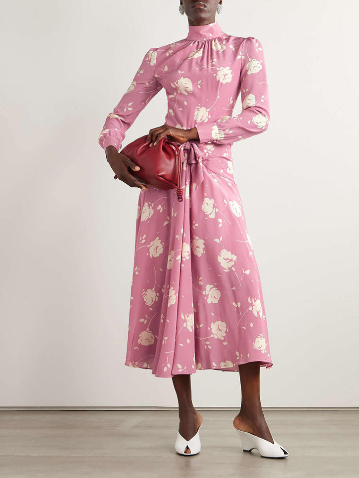 Retro Bow-Embellished Gathered Floral Print Midi Dress