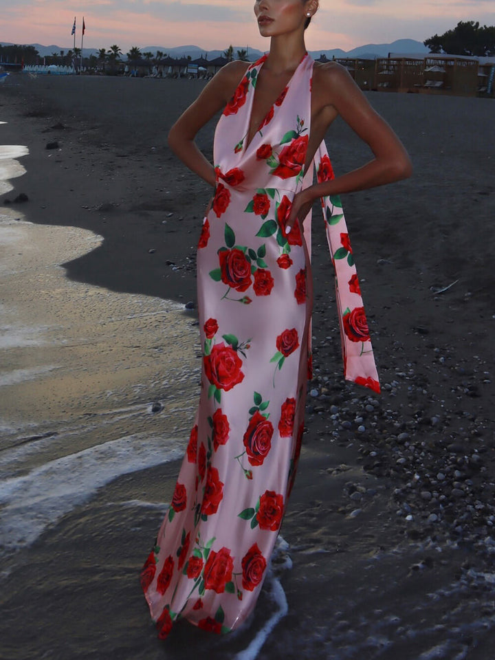 Retro Rose Print Sexy Halter Neck Strappy Backless Slim Fit Maxi Dress