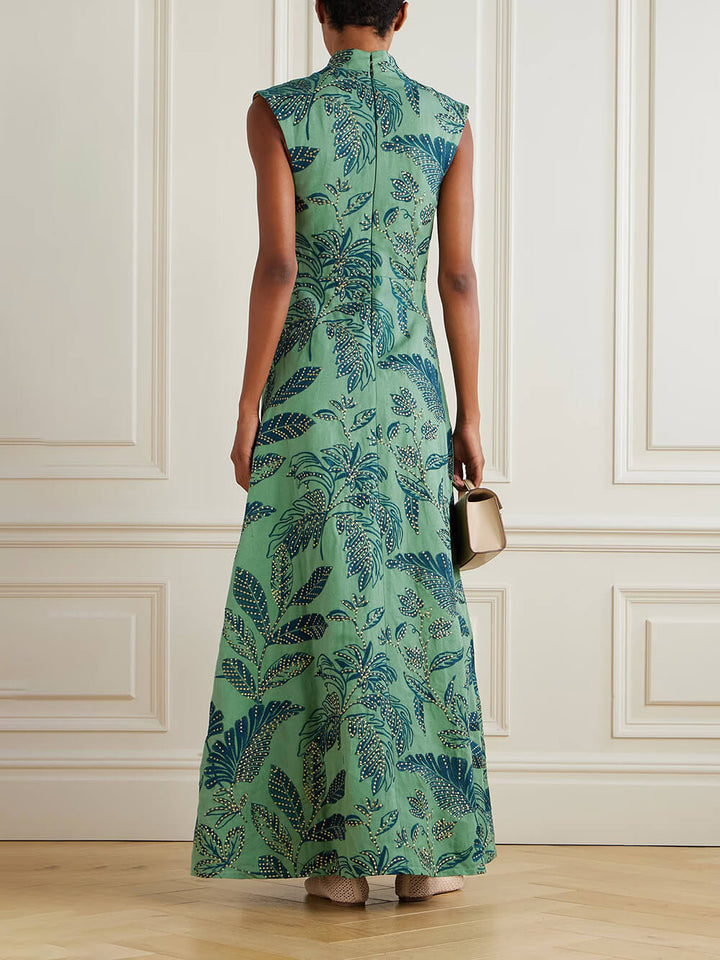 Elegant Leaf-Print V-Neck A-Line Maxi Dress