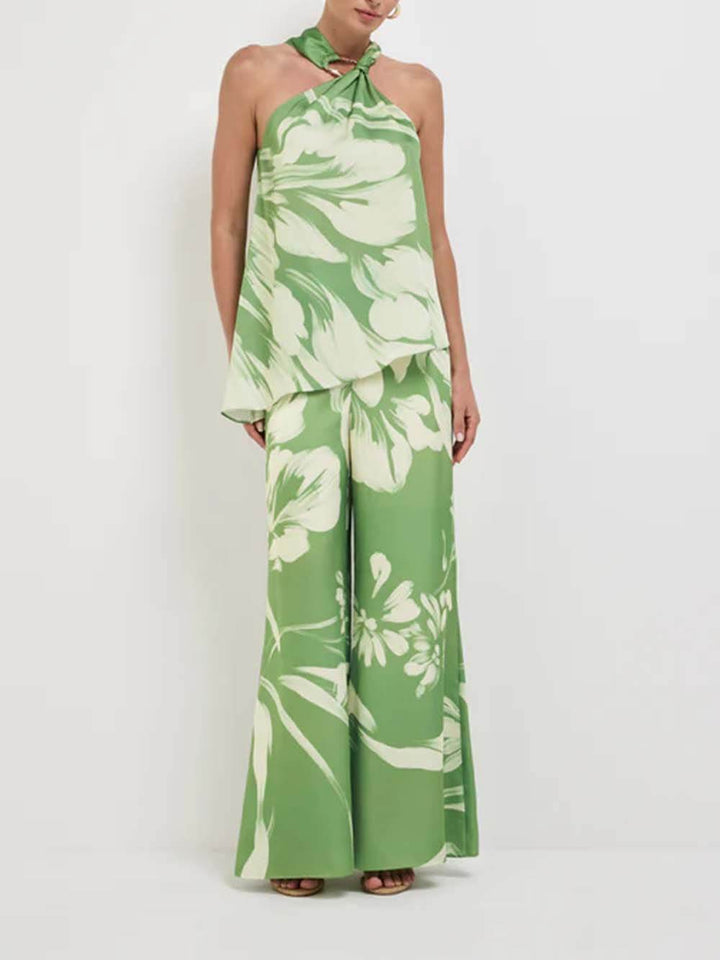 Modern Satin Abstract Floral Print Bell-Bottom Pants