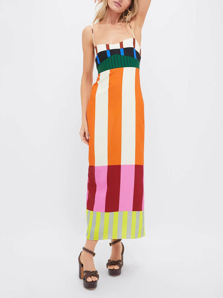 Classic Fashionable Unique Striped Print Patchwork Maxi Dress