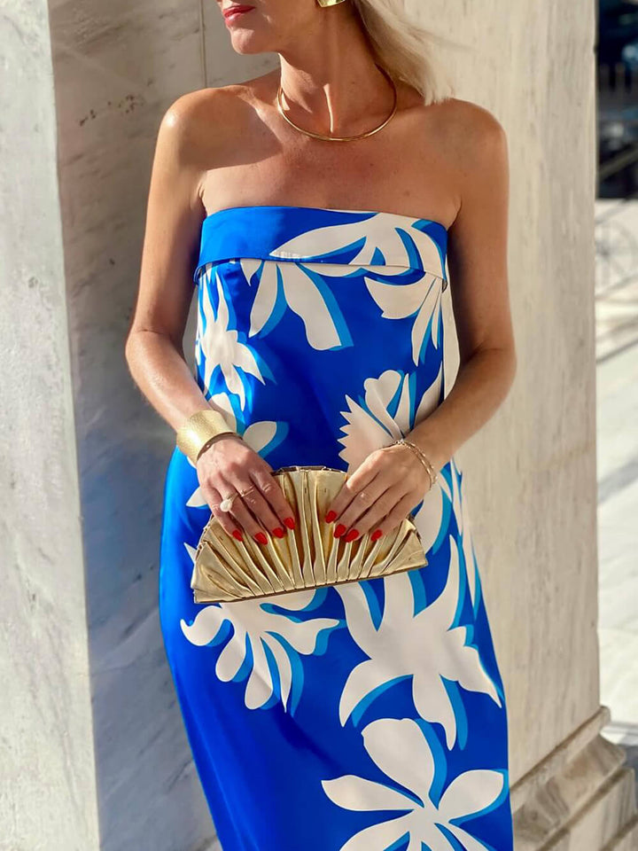Summer Fashion Vacation Satin Unique Print Off Shoulder Maxi Dress