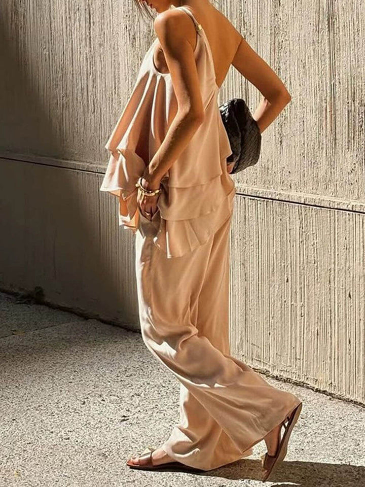 Fashionable And Elegant Solid Color One-Shoulder Collar Layered Vest Top Wide-Leg Pants Two-Piece Set