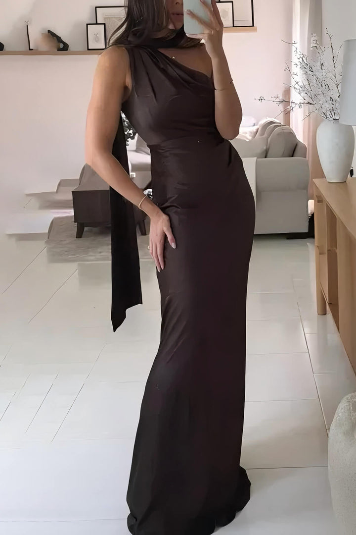 Elegant One-Shoulder Ruched Tie Detail Maxi Dress