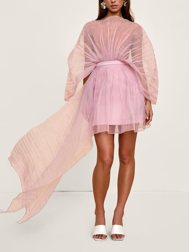 Delicate Cape Top And Asymmetric Pleated Mini Skirt Set