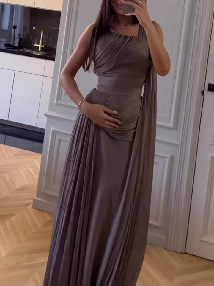 Elegant Draped Sash Satin Evening Gown Maxi Dress