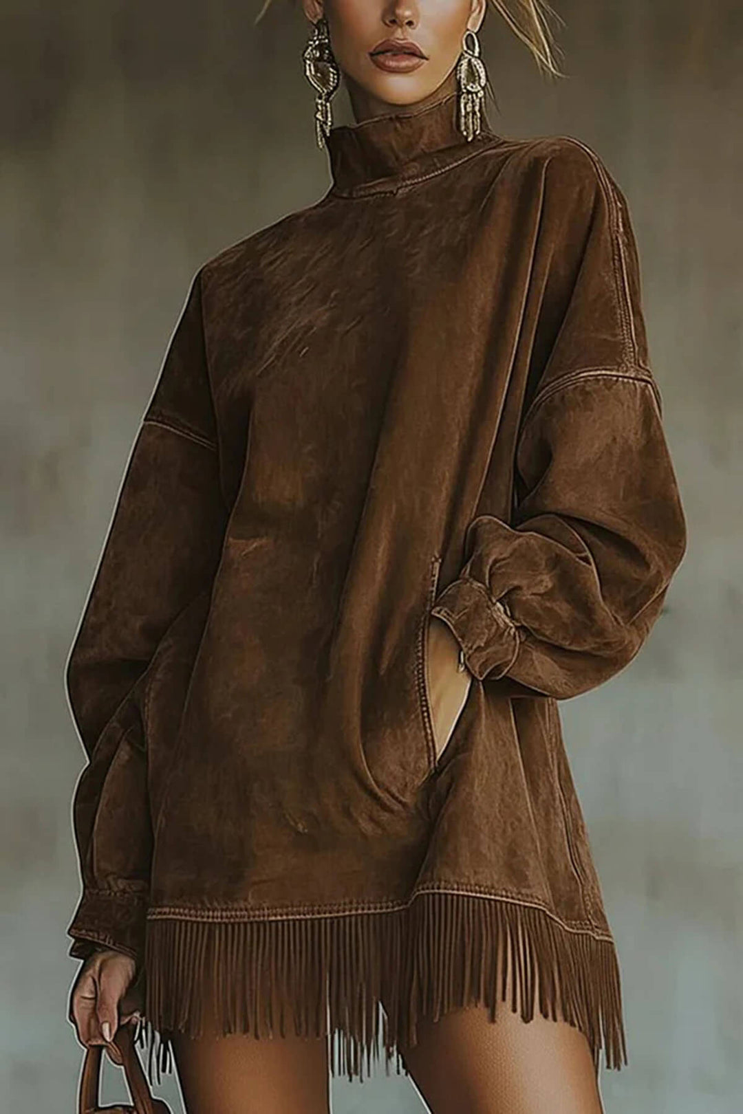 Fashion Tassel Patchwork High Neck Loose Pocket Mini Dress