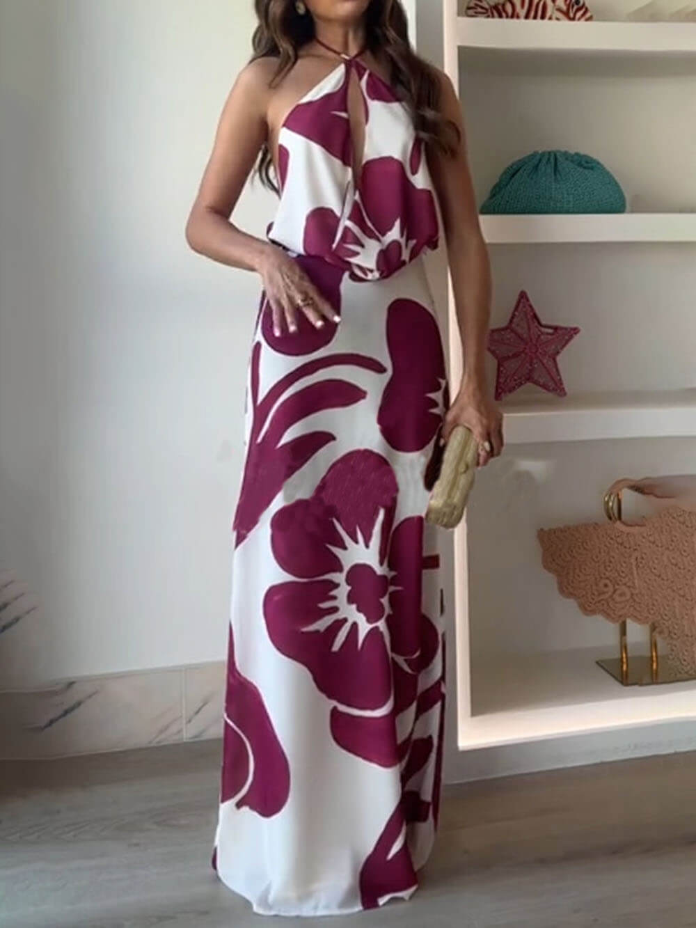 Elegant Leslie Flower Print Halter Cutout Cowl Neck Backless Maxi Dress