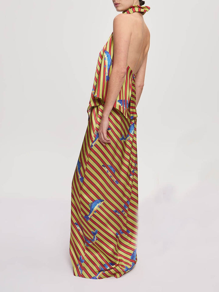 Unique Satin Ocean Print Loose Midi Skirt