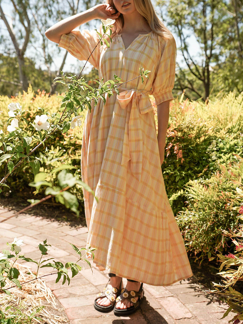 Beautiful Plaid Print With Pleated Puff Sleeves And Ruffled Tiered Maxi Dress