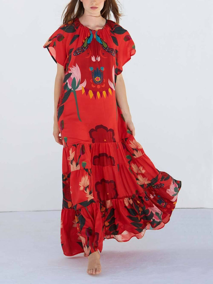 Unique Floral Print Drop-Shoulder Short-Sleeve Maxi Dress