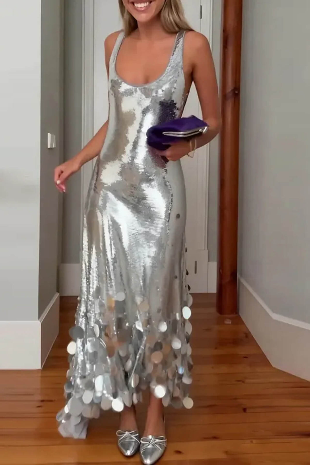 Exquisite Party Tips Sequin Irregular Round Tassels Hem Back Cutout Tank Maxi Dress