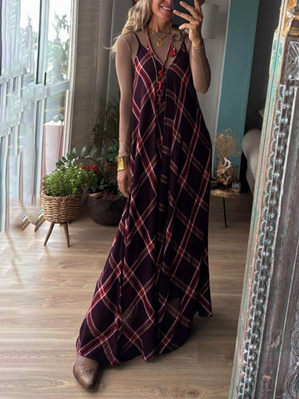 Classic Summer Unique Plaid Print Suspenders Loose Pocket Maxi Dress