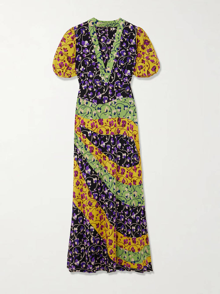 Fashion Color-Block Print Satin Maxi Dress