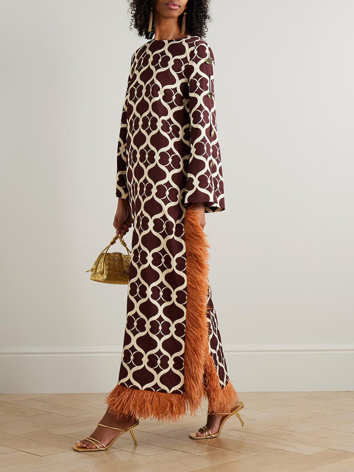 Exquisite Printed Feather-Trim Side-Slit Maxi Dress