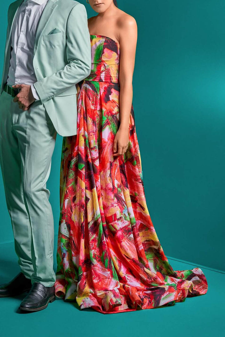 Elegant Strapless Floral Print Off-Shoulder Maxi Dress