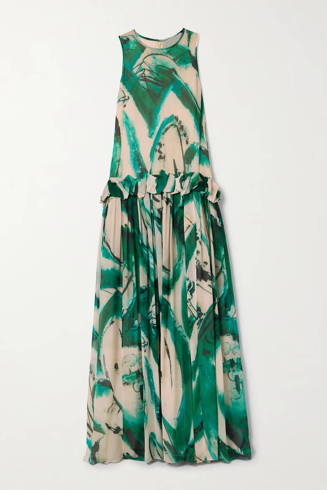 Exquisite Ruffled Print Satin Loose Maxi Dress