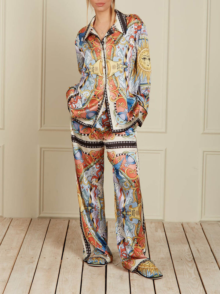 Unique Satin Sunshine Print Turn-Down Collar Loose Fit Shirt And Elastic Waist Wide Leg Pants Set