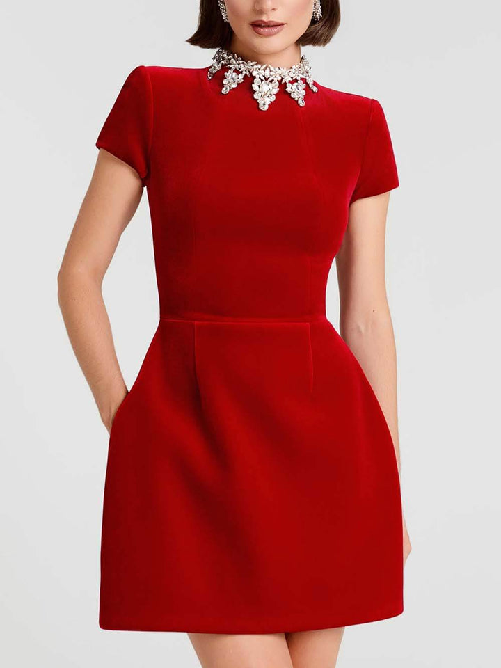 Elegant Jewel-encrusted Turtleneck Short Sleeve Pocket Tulip Mini Dress