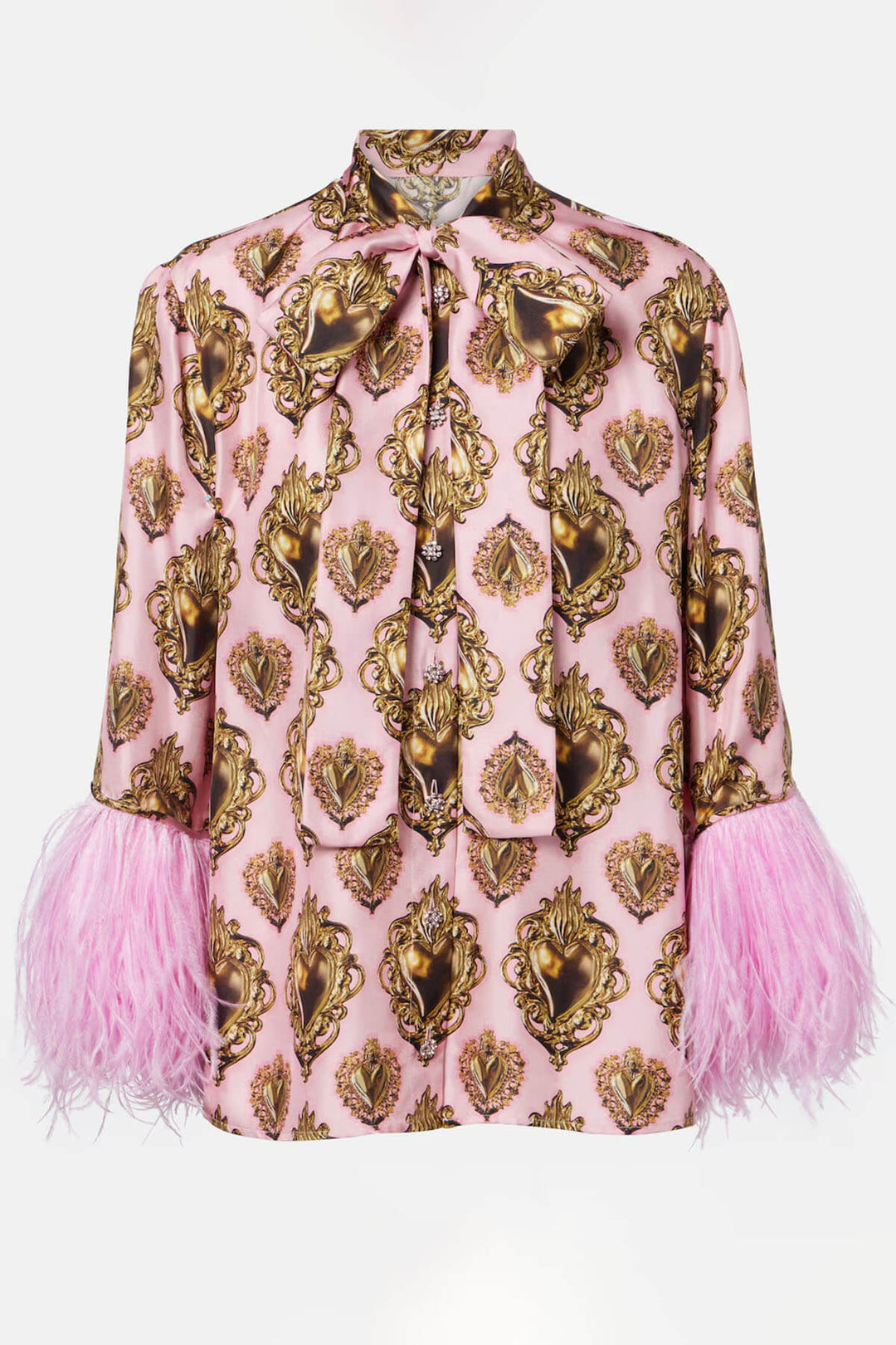 Exquisite Feather-Trimmed Printed Satin Blouse