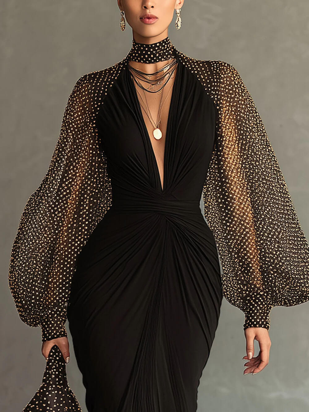 Elegant Mesh Polka Dot Ruched Waist Front-Slit Maxi Dress