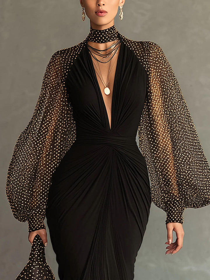 Elegant Mesh Polka Dot Ruched Waist Front-Slit Maxi Dress