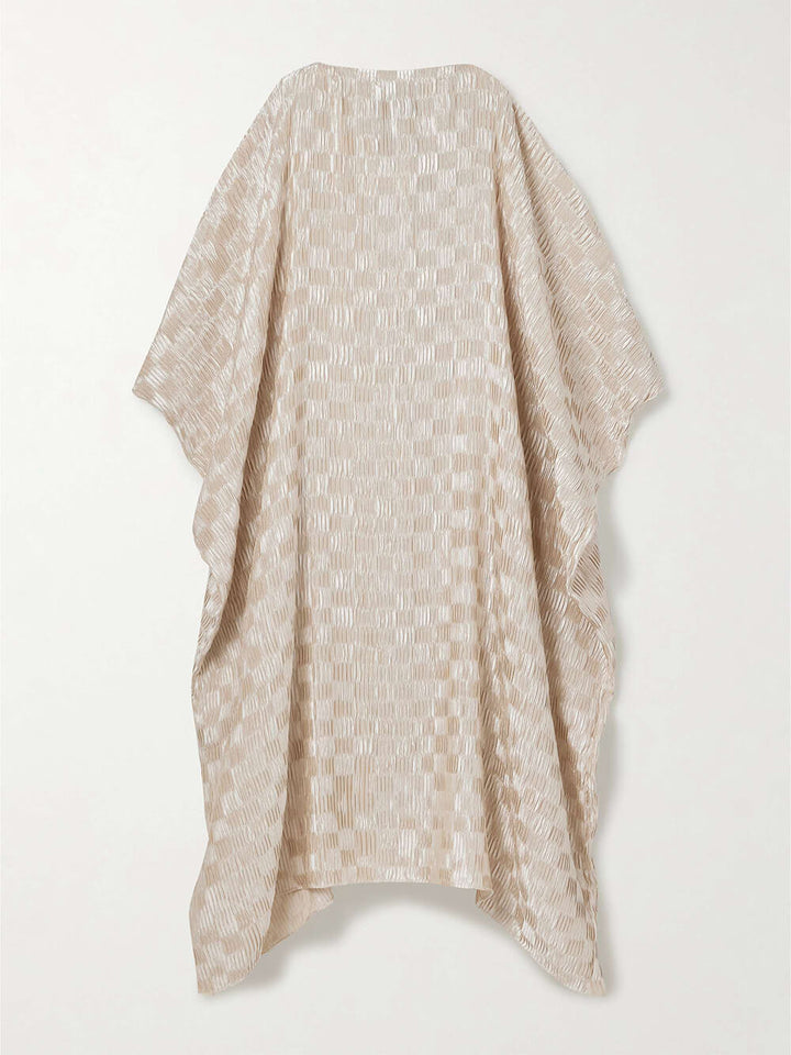 Unique Casual Cocoon Silhouette Plaid Print Pleated Drop Shoulder Sleeve Loose Maxi Dress