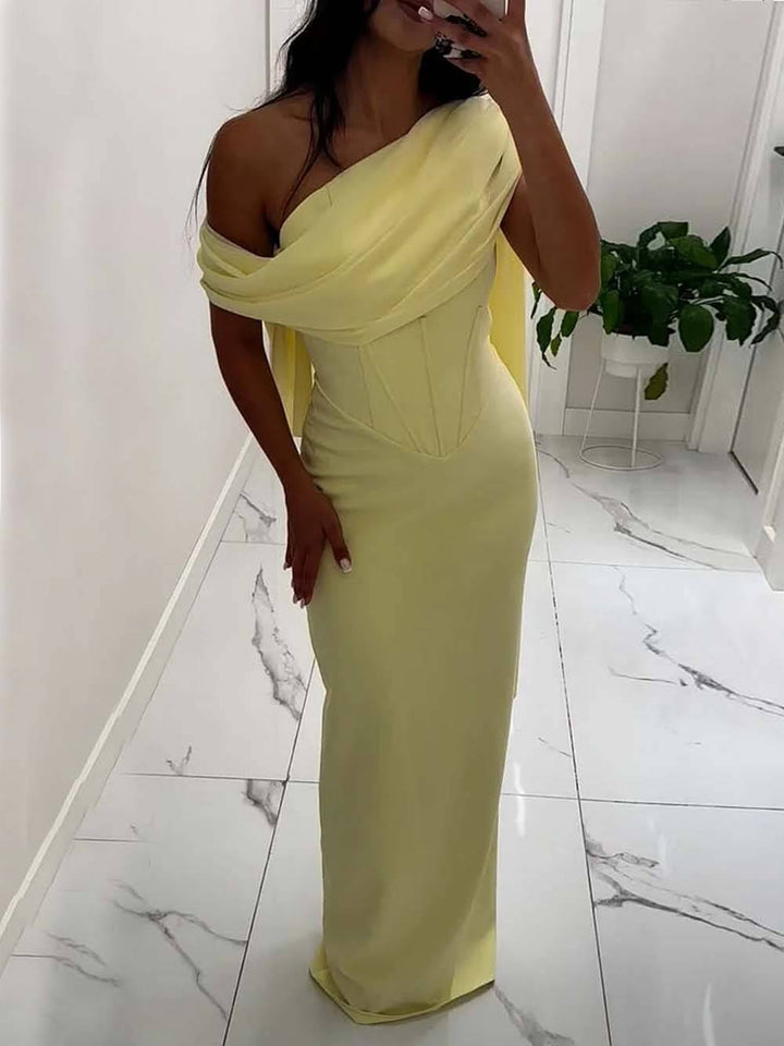 Elegant One-shoulder Draped Detail Gown Maxi Dress