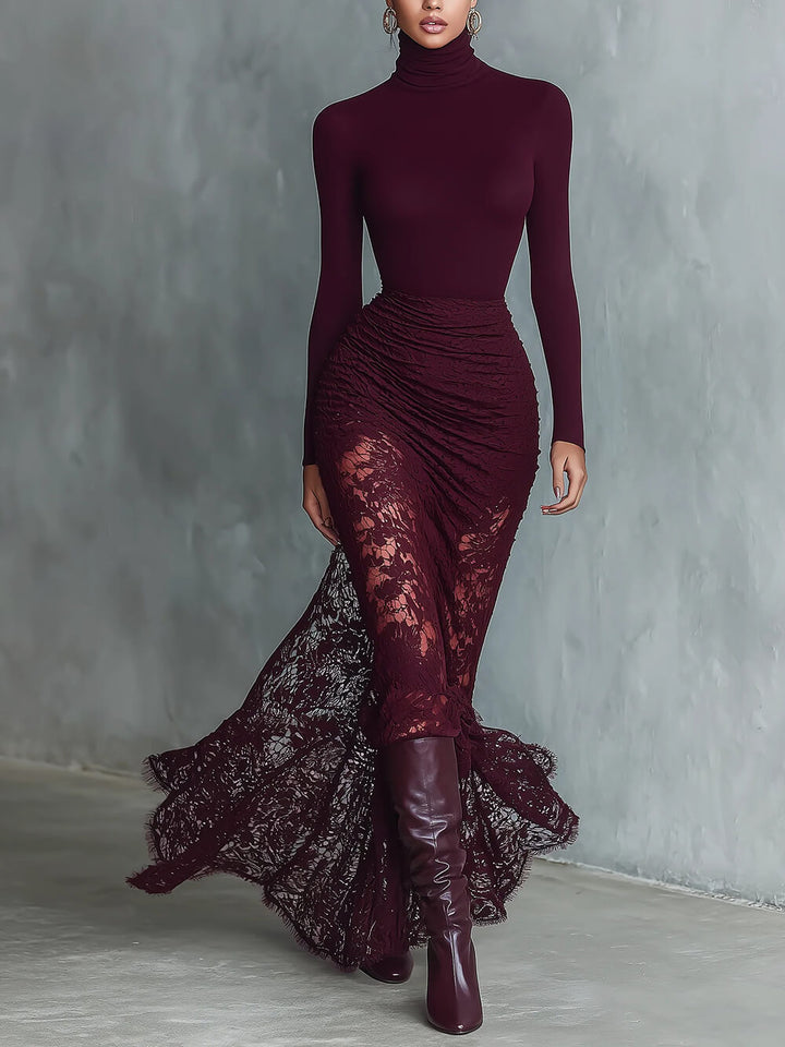 Fashionable Elegant High-Neck Lace-Trimmed Fitted Maxi Dress