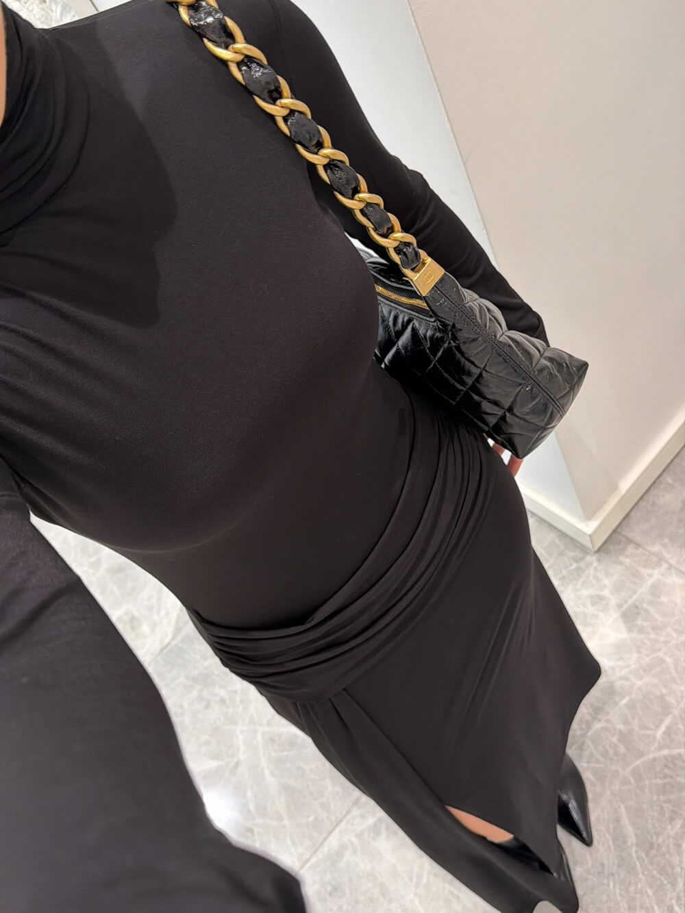 Elegant Black Ruched Waist Slit Maxi Dress