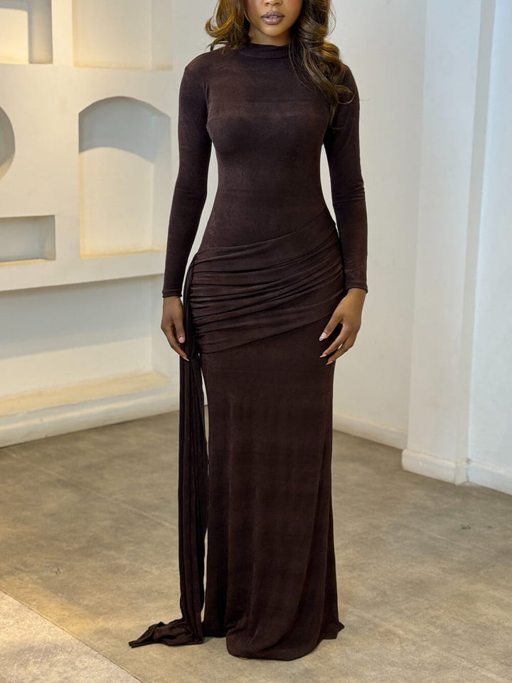 Elegant Ribbon-Drape Ruched Fitted Maxi Dress