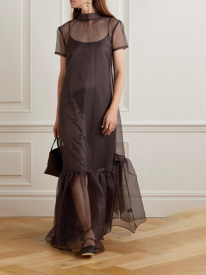 Casual Lace-up Neck Layered Organza Maxi Dress