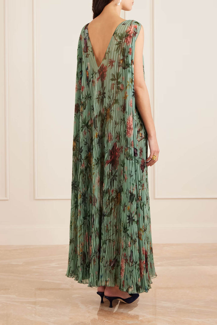 Elegant Flowing Floral Print Ruched Chiffon Maxi Dress