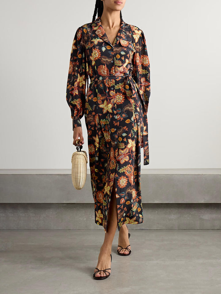 Unique Tie-Front Printed Satin Midi Dress