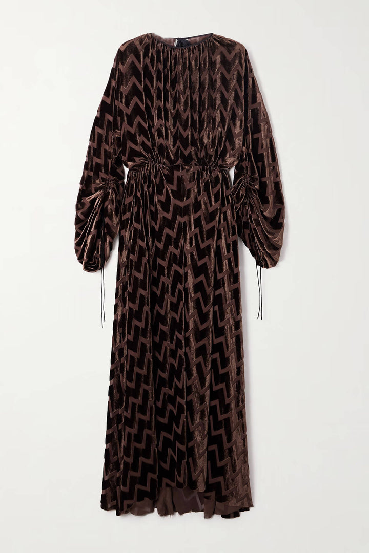 Exquisite Wave Print Drawstring Ruched Maxi Dress